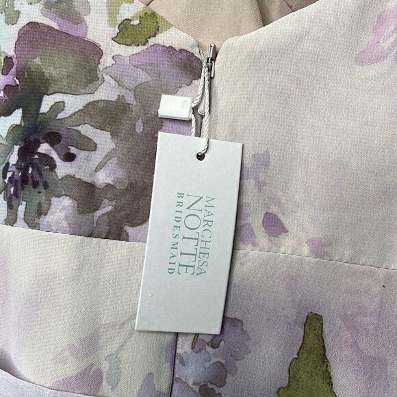 Marchesa Lilac Floral Chiffon Gown with Ruffle Cami Straps and Waist Tie Sz 0 - Picture 12 of 14